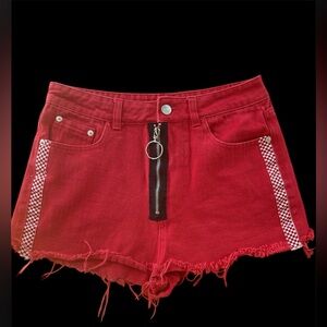 Signature 8 Red Denim Cut Off Jean Shorts checkerboard zip down small 26”